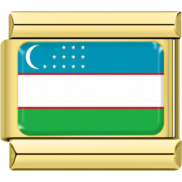 Gold rectangular Italian charm bracelet link featuring the flag of Uzbekistan, with blue, white, and green horizontal stripes separated by red lines; a white crescent moon and twelve white stars in the upper left.